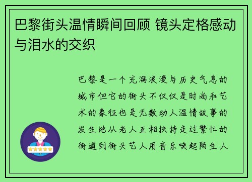 巴黎街头温情瞬间回顾 镜头定格感动与泪水的交织 巴黎街头温情瞬间回顾 镜头定格感动与泪水的交织