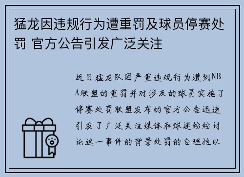 猛龙因违规行为遭重罚及球员停赛处罚 官方公告引发广泛关注
