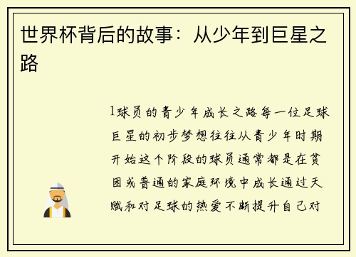 世界杯背后的故事：从少年到巨星之路
